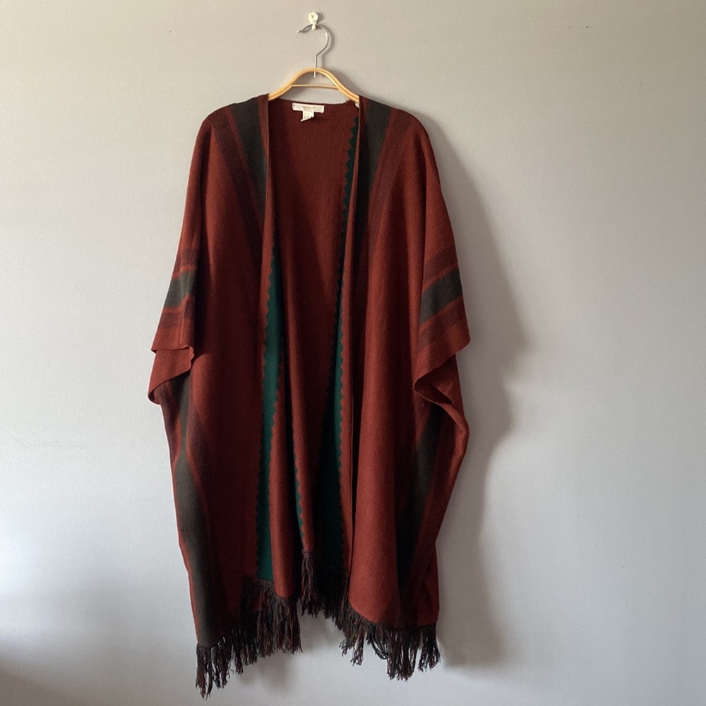 Rust and Green Oversized Cardigan with Fringe